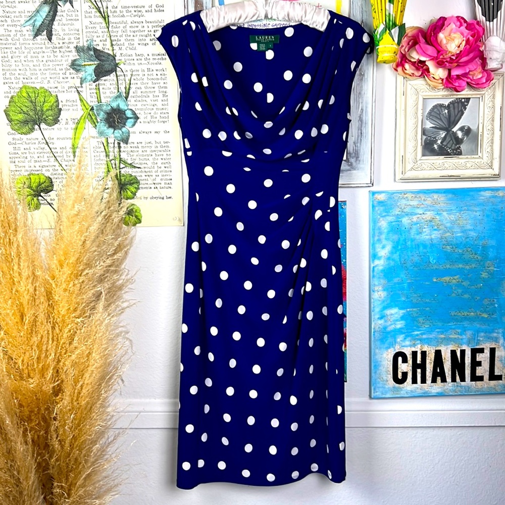 Lauren Ralph Lauren midi dress white, blue polkadot bodycon sleeveless sz. 4